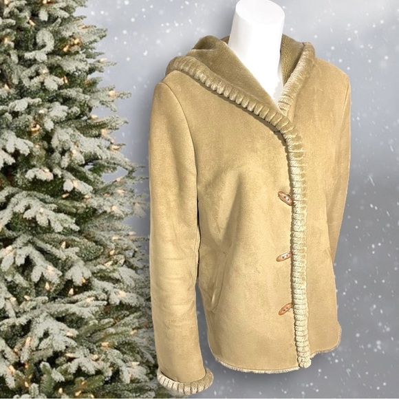 Jones New York Faux Suede / Fur Hooded Toggle Button Coat Size Medium - Picture 5 of 16
